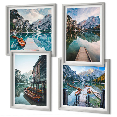 Wall art set Lake mountains wooden boats
