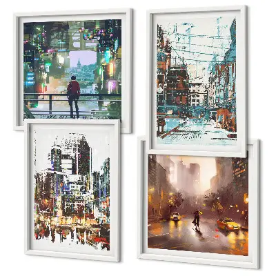 Set of 4 wall art pieces modern colorful cityscapes with characters