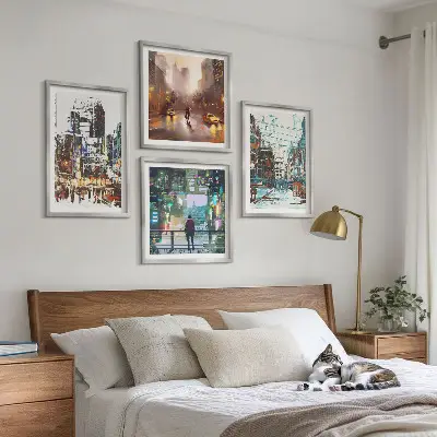 Set of 4 wall art pieces modern colorful cityscapes with characters