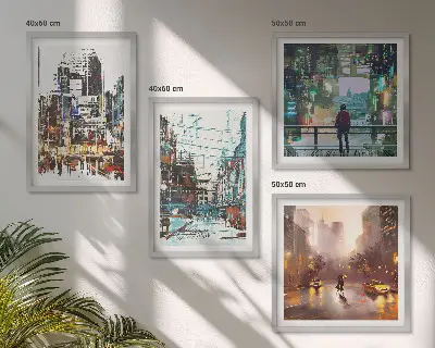 Set of 4 wall art pieces modern colorful cityscapes with characters