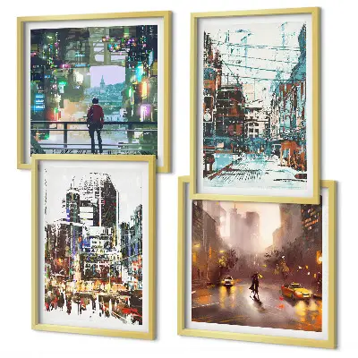 Set of 4 wall art pieces modern colorful cityscapes with characters