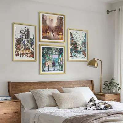 Set of 4 wall art pieces modern colorful cityscapes with characters