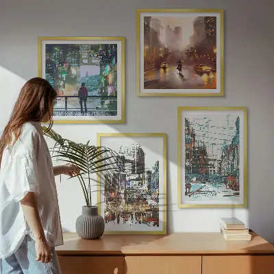 Set of 4 wall art pieces modern colorful cityscapes with characters
