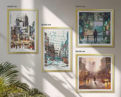 Set of 4 wall art pieces modern colorful cityscapes with characters