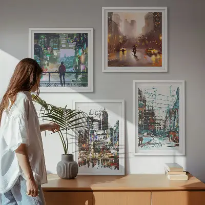 Set of 4 wall art pieces modern colorful cityscapes with characters
