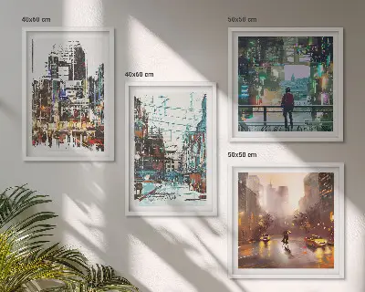 Set of 4 wall art pieces modern colorful cityscapes with characters