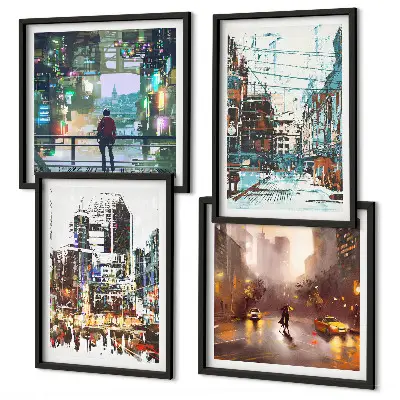 Set of 4 wall art pieces modern colorful cityscapes with characters