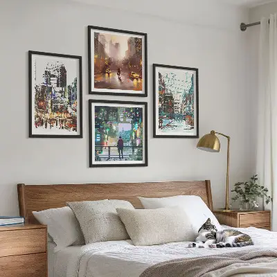 Set of 4 wall art pieces modern colorful cityscapes with characters