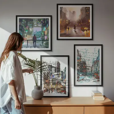 Set of 4 wall art pieces modern colorful cityscapes with characters
