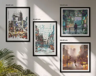 Set of 4 wall art pieces modern colorful cityscapes with characters