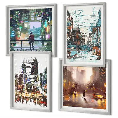 Set of 4 wall art pieces modern colorful cityscapes with characters