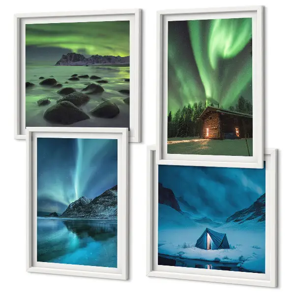 Wall art set featuring winter landscapes of aurora over mountains