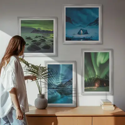 Wall art set featuring winter landscapes of aurora over mountains