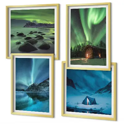 Wall art set featuring winter landscapes of aurora over mountains