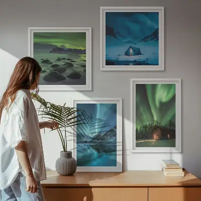 Wall art set featuring winter landscapes of aurora over mountains