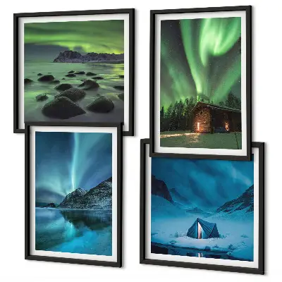 Wall art set featuring winter landscapes of aurora over mountains