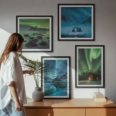 Wall art set featuring winter landscapes of aurora over mountains