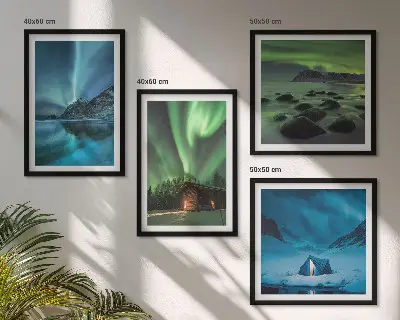 Wall art set featuring winter landscapes of aurora over mountains