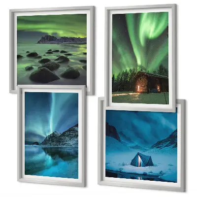 Wall art set featuring winter landscapes of aurora over mountains