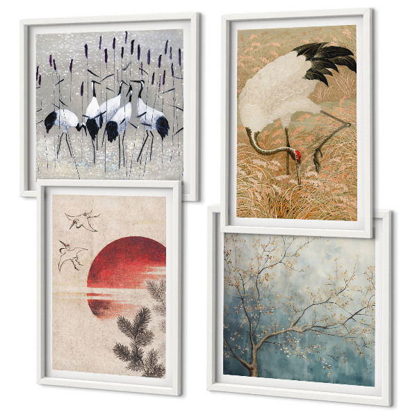 Set of 4 wall art pieces Japanese cranes landscape