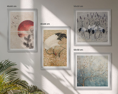 Set of 4 wall art pieces Japanese cranes landscape