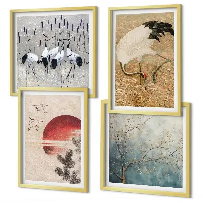 Japanese cranes landscape wall art set of 4 pieces