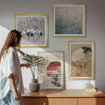 Set of 4 wall art pieces Japanese cranes landscape