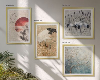 Set of 4 wall art pieces Japanese cranes landscape