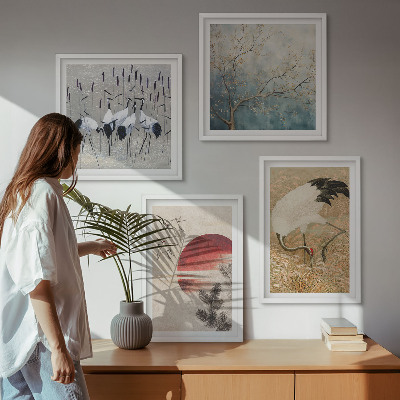 Set of 4 wall art pieces Japanese cranes landscape