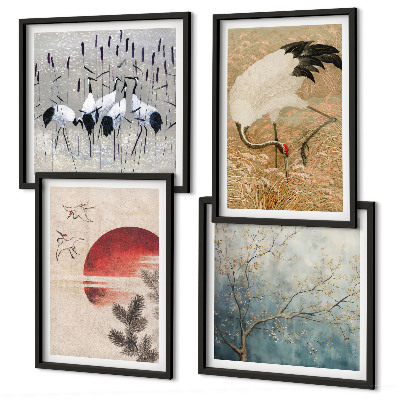 Set of 4 wall art pieces Japanese cranes landscape