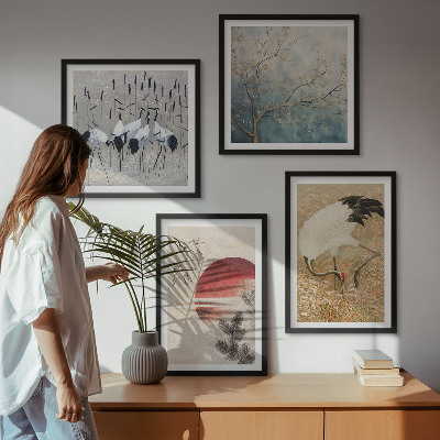 Set of 4 wall art pieces Japanese cranes landscape
