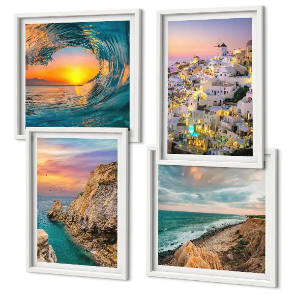 Wall art set featuring sea waves and white Santorini houses