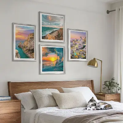 Wall art set featuring sea waves and white Santorini houses