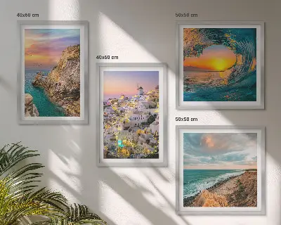 Wall art set featuring sea waves and white Santorini houses