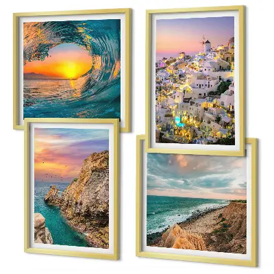 Wall art set featuring sea waves and white Santorini houses