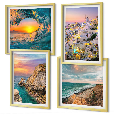 Wall art set Sea waves white houses Santorini