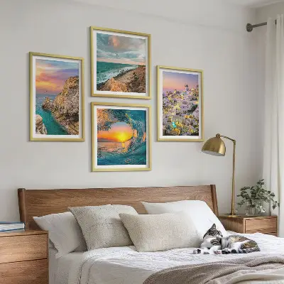 Wall art set featuring sea waves and white Santorini houses