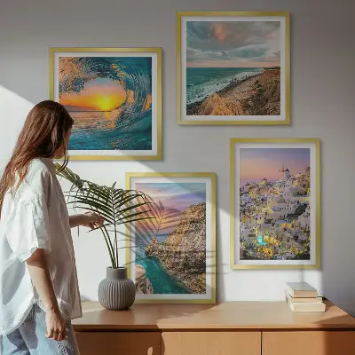 Wall art set featuring sea waves and white Santorini houses