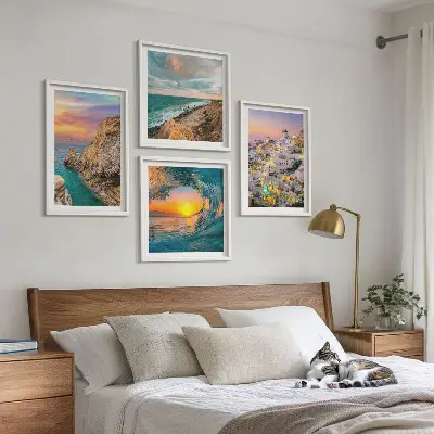 Wall art set featuring sea waves and white Santorini houses