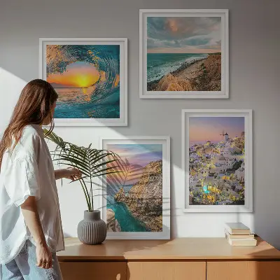 Wall art set featuring sea waves and white Santorini houses