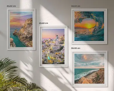 Wall art set featuring sea waves and white Santorini houses
