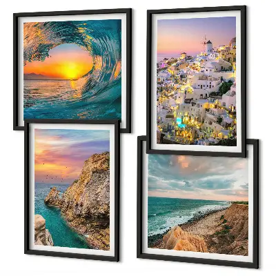 Wall art set featuring sea waves and white Santorini houses