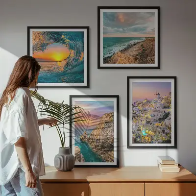 Wall art set featuring sea waves and white Santorini houses