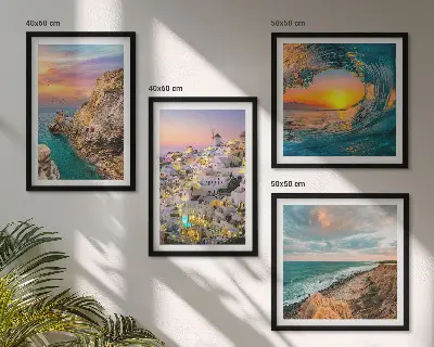 Wall art set featuring sea waves and white Santorini houses