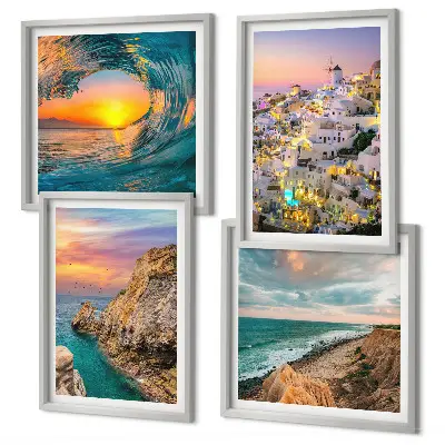 Wall art set featuring sea waves and white Santorini houses