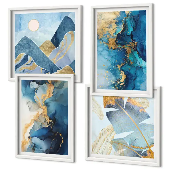 Multi-piece wall decor set with blue mountains and gold patterns