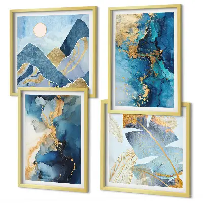 Multi-piece wall decor set with blue mountains and gold patterns