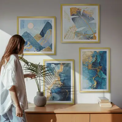 Multi-piece wall decor set with blue mountains and gold patterns