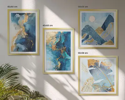 Multi-piece wall decor set with blue mountains and gold patterns