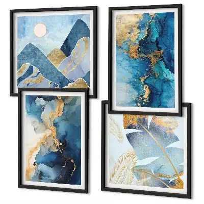 Multi-piece wall decor set with blue mountains and gold patterns
